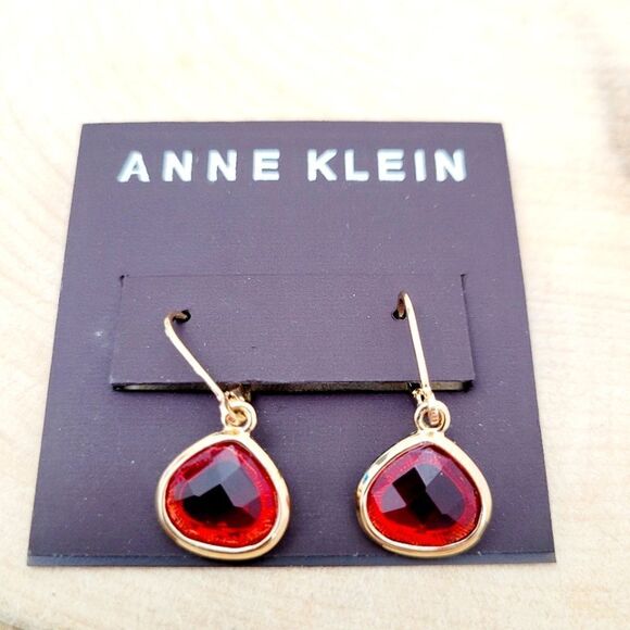 Brand New Anne Klein Red Stone Gold Tone Earrings - Picture 1 of 5